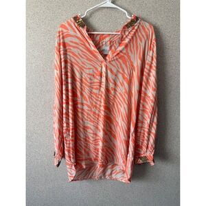 Chicos Orange Zebra Print Embellished‎ V-Neck Tunic Blouse Top Size 2 L 12/14